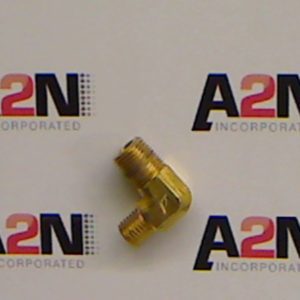 Brass elbow fitting on branded background.