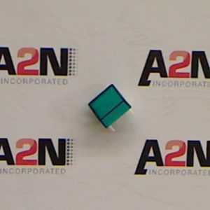 Green square object on printed logo background.